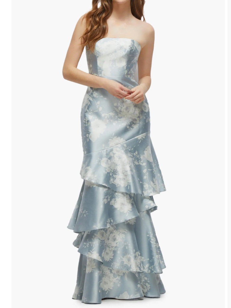 Seraphina Floral Ruffle Strapless Tiered Satin Twill Gown